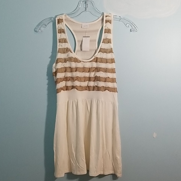 Suzy Shier white & tan ruffle tunic top large NWT - Picture 1 of 8